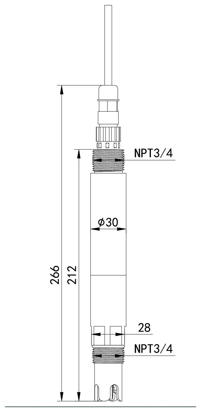 Dimensioned drawing of the CLA01: 266 mm overall, 212 mm body, 30 mm diameter, 28 mm cell section and NPT 3/4 thread at both ends