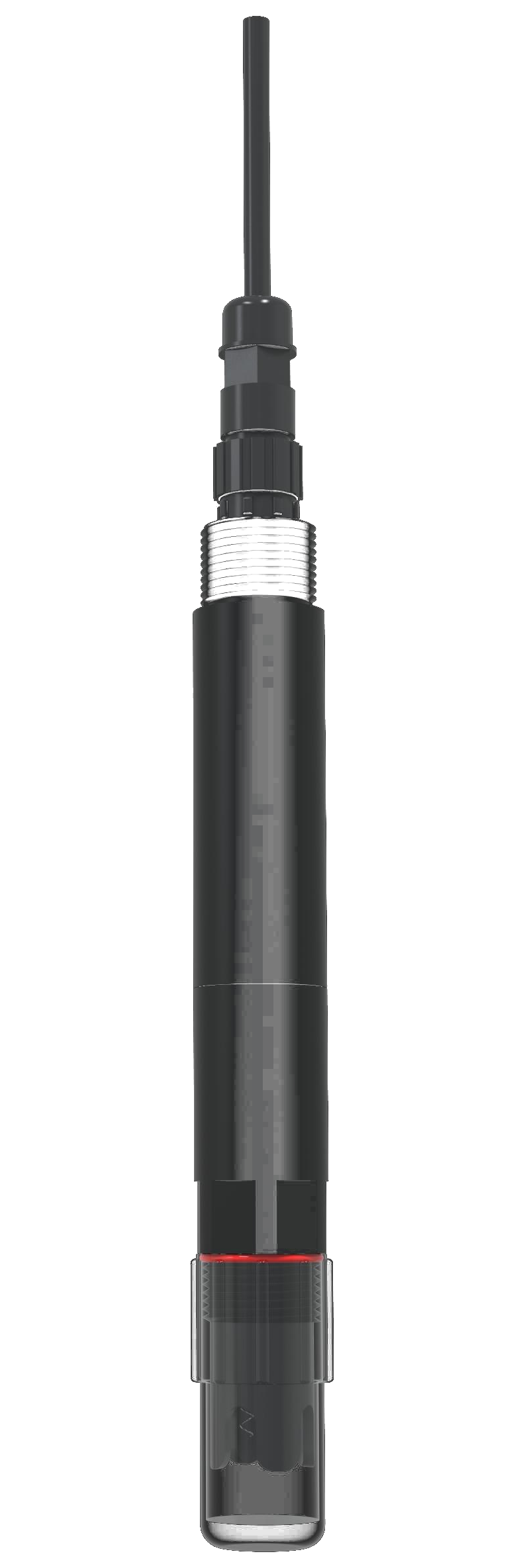 SIGNUX CLA01 integrated free chlorine transmitter on a white background: black one-piece body with the cable on top, the threaded collar and the measuring cell at the tip