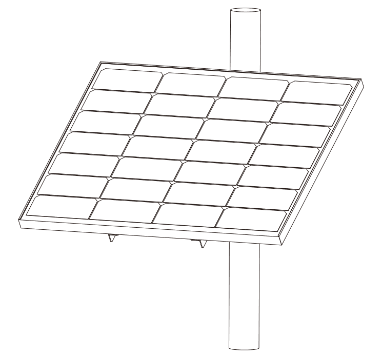 Kit solar PAN01 ya montado sobre el poste, visto de frente con el panel inclinado hacia el sol