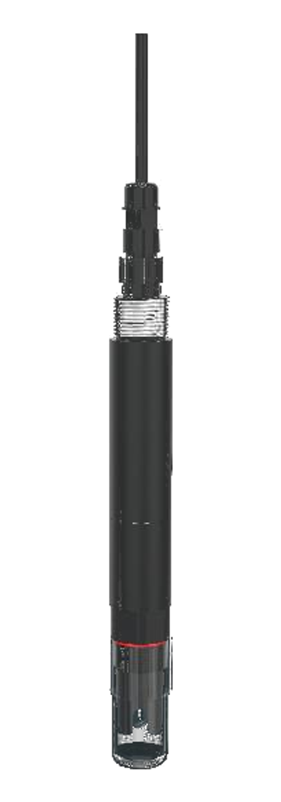 SIGNUX PHA01 integrated pH transmitter on a white background: black one-piece body with the cable on top, the threaded collar and the glass electrode bulb at the tip