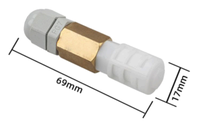 Dimensioned PE head of the THG01: 69 mm long and 17 mm across, with a cable gland, a gold hex collar and a ribbed filter