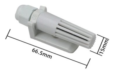 Dimensioned PVC head of the THG01: 66.5 mm long and 15 mm across, with a cable gland, a mounting plate and a slotted body